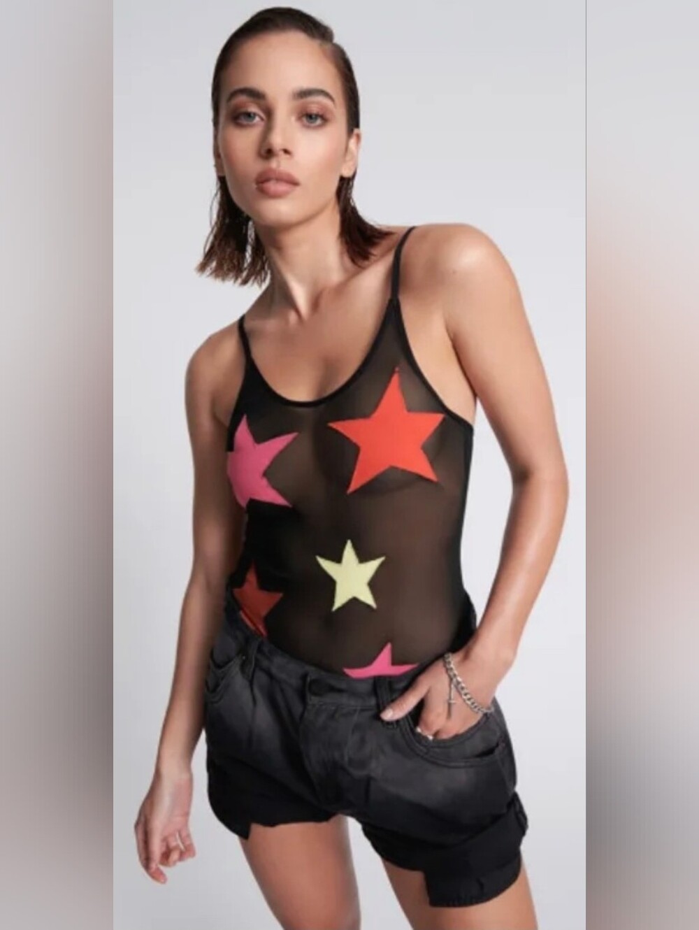 SOLD OUT One Teaspoon STAR GAZING Sheer Black Star Bodysuit SZ XL